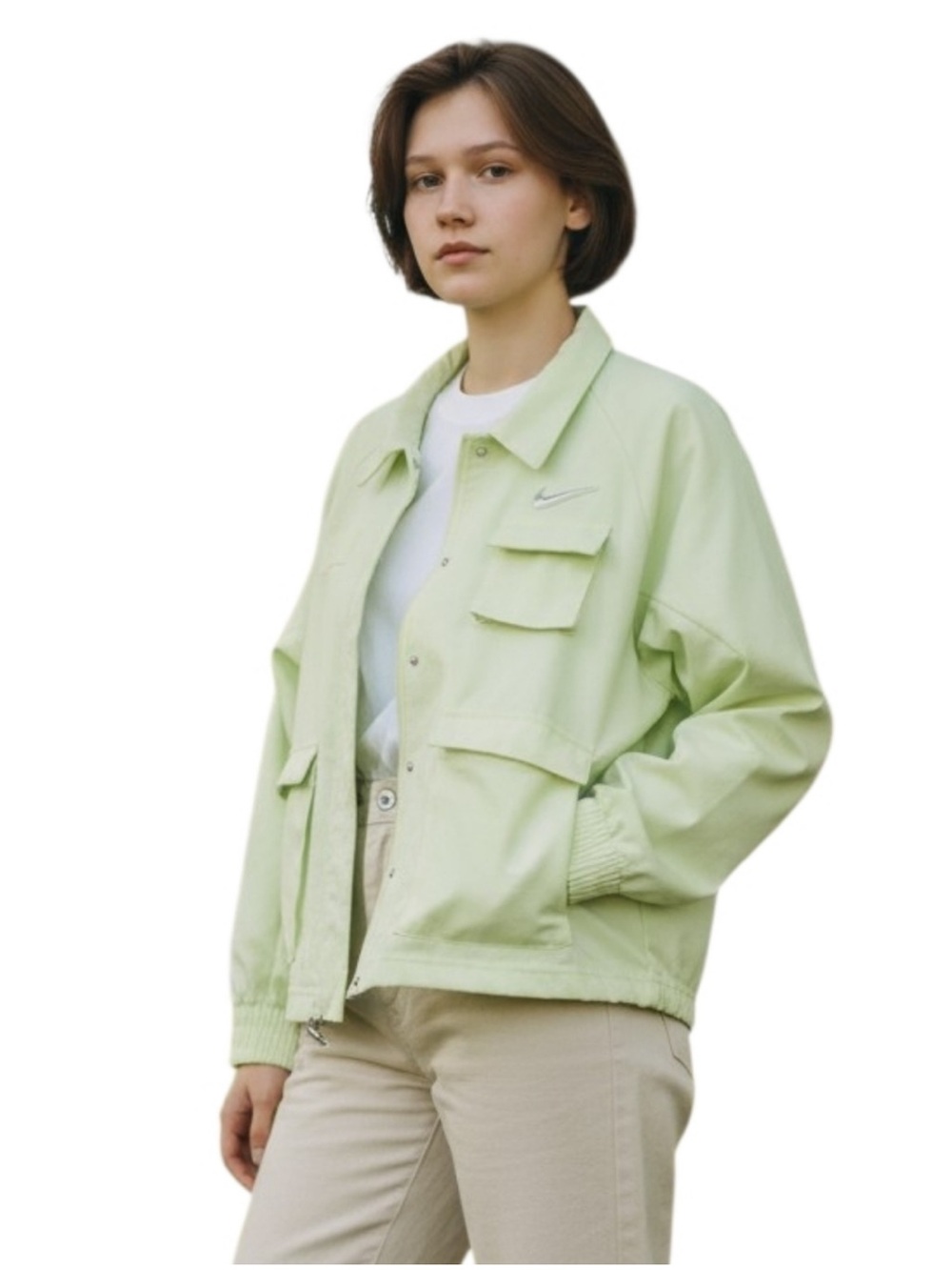 Nike Swoosh Logo Pastel Sage Mint Green Utility Snap Jacket for Women M